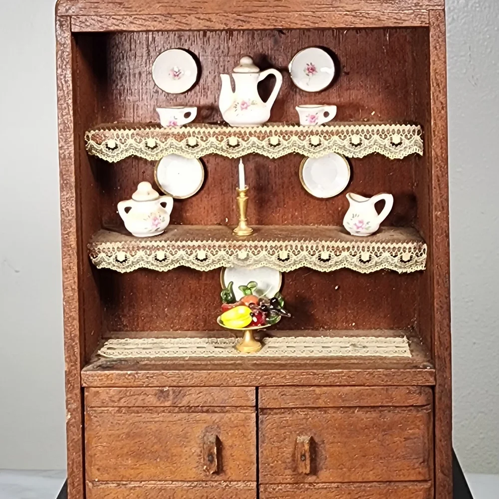 Vintage 1:12 Dollhouse Miniature Wood China Cabinet Hutch w/ Porcelain Metal Set